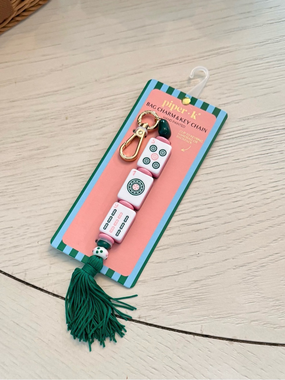 Pink & Green Mahjong Tile Tassel Keychain